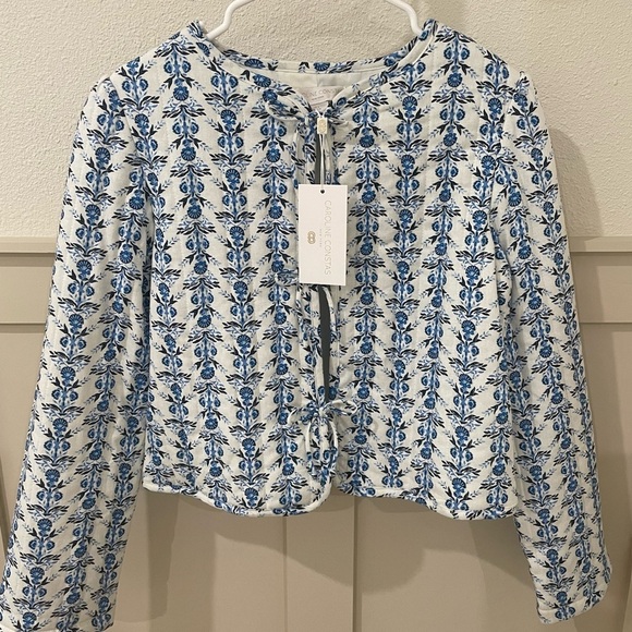 NWT Caroline Constas Bow Floral Parchwork Linen Jacket Blue/White Size Small - Picture 1 of 11